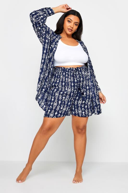 YOURS Plus Size Navy Blue Ikat Print Crinkle Tassel Shorts | Yours Clothing 2