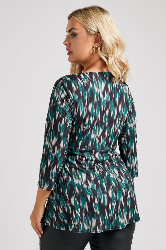 YOURS LONDON Plus Size Green Abstract Print Knot Front Top | Yours Clothing 3