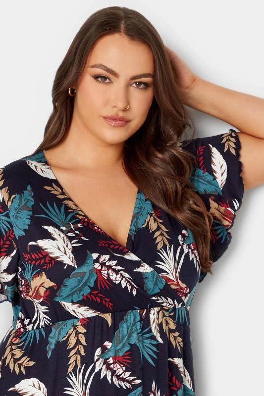 YOURS Plus Size Navy Blue Leaf Print Frill Sleeve Wrap Maxi Dress | Yours Clothing 4