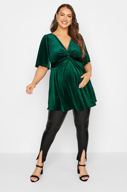 BUMP IT UP MATERNITY Curve Green Velvet Knot Front Top | Yours Clothing 2