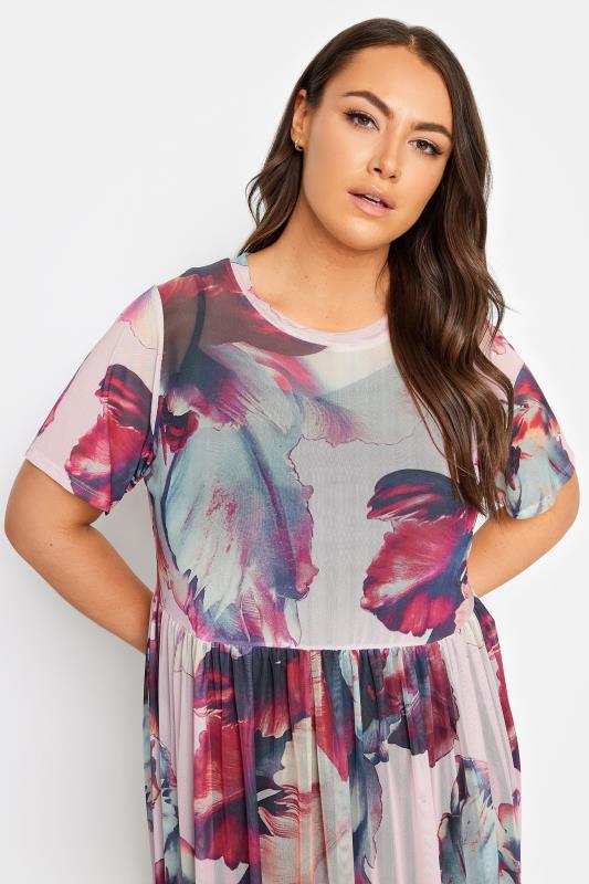 YOURS Plus Size Pink Abstract Floral Print Mesh Smock Dress | Yours Clothing 4