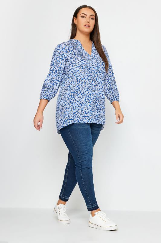 YOURS Plus Size Blue Floral Print Pintuck Blouse | Yours Clothing 2