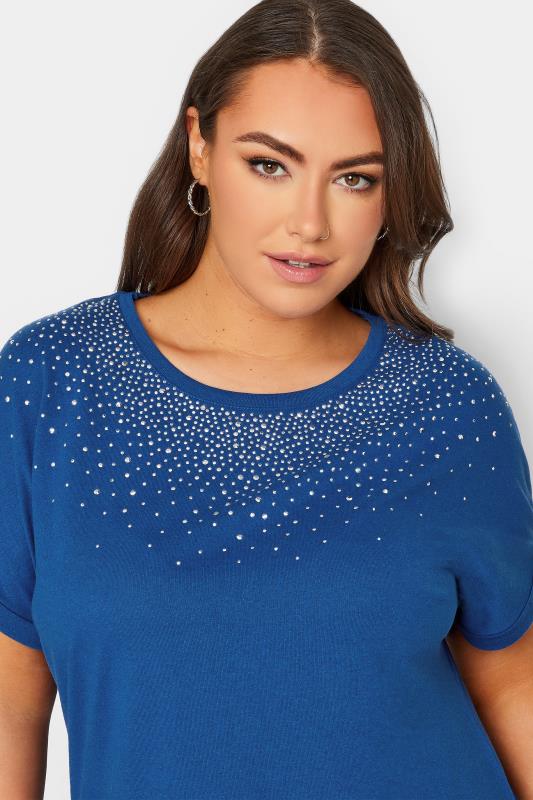 YOURS Plus Size Cobalt Blue Embellished Neck T-Shirt | Yours Clothing 4