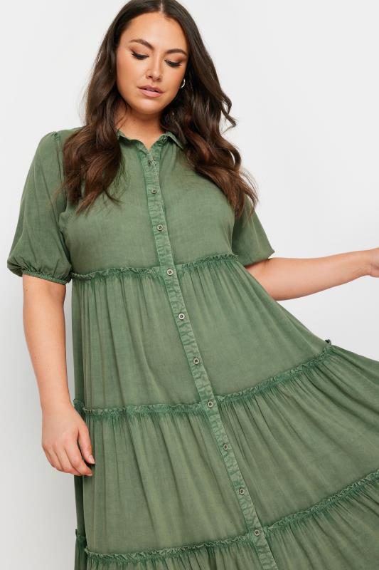 YOURS Plus Size Green Short Sleeve Tiered Midi Dress | Yours Clothing 4