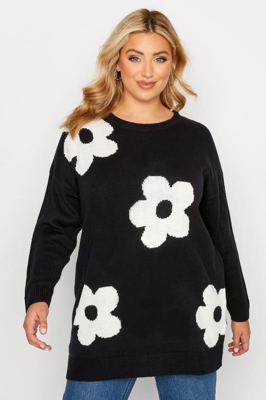 Plus Size Black Flower Jacquard Knitted Jumper | Yours Clothing 2