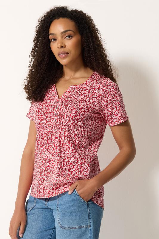 M&Co 2 PACK Red & White Floral Cotton Henley Tops | M&Co 1