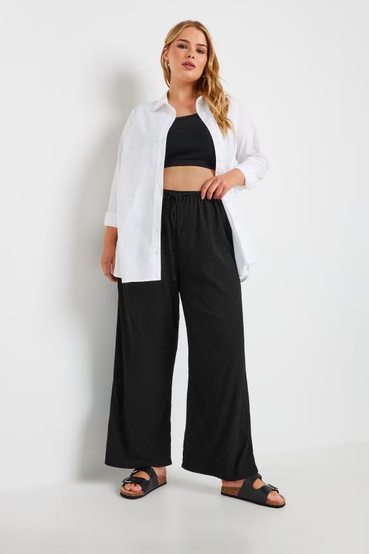 YOURS Plus Size Black Tie Waist Textured Wide Leg Trousers | Yours Clothing 2