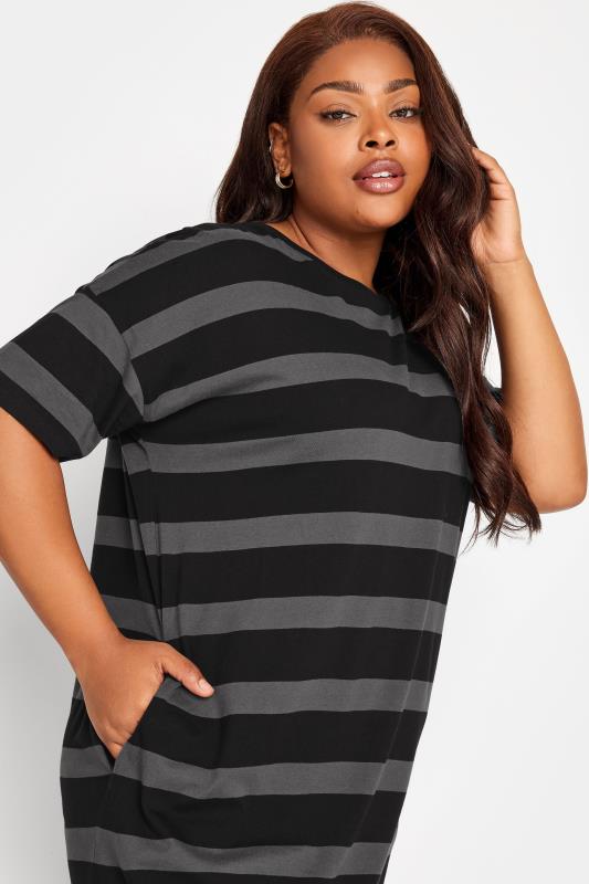 YOURS Plus Size Black Stripe Print Oversized Midaxi T-Shirt Dress | Yours Clothing 5