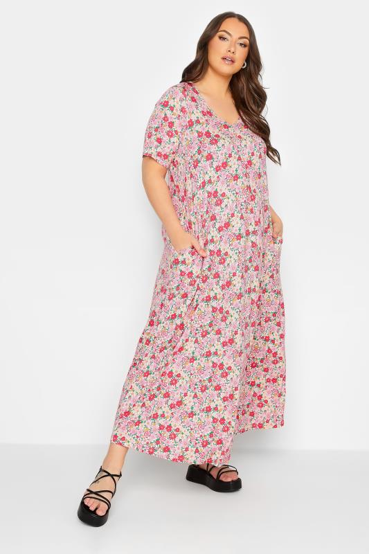YOURS Plus Size Pink Floral Pleat Front Maxi Dress | Yours Clothing  1