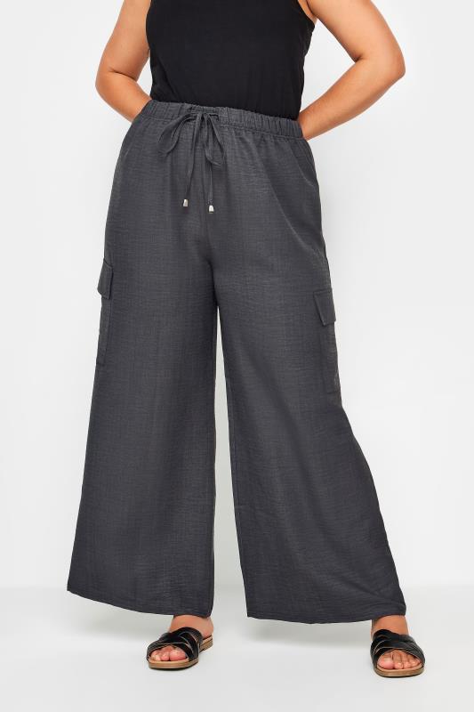 YOURS Plus Size Grey Linen Look Cargo Trousers | Yours Clothing 1