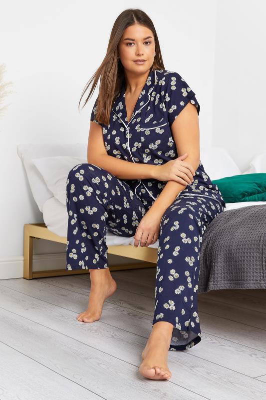 Tall Women's LTS Tall Navy Blue Daisy Print Cotton Pyjama Set | Long Tall Sally  2