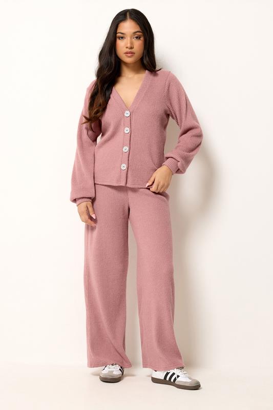  PixieGirl Petite Set Pink Marl Ribbed Cardigan & Wide Leg Trousers