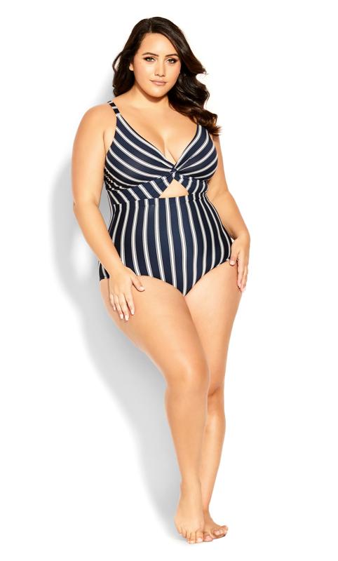 Plus Size  City Chic Navy Blue Stripe Cut Out Swimsuit