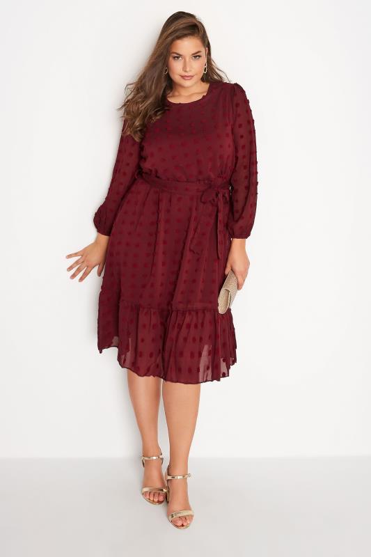 Plus Size YOURS LONDON Wine Red Dobby Puff Sleeve Dress | Yours Clothing 2