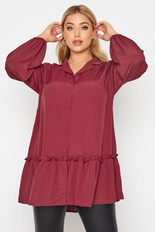 Plus Size  YOURS LONDON Curve Wine Red Ruffle Shirt