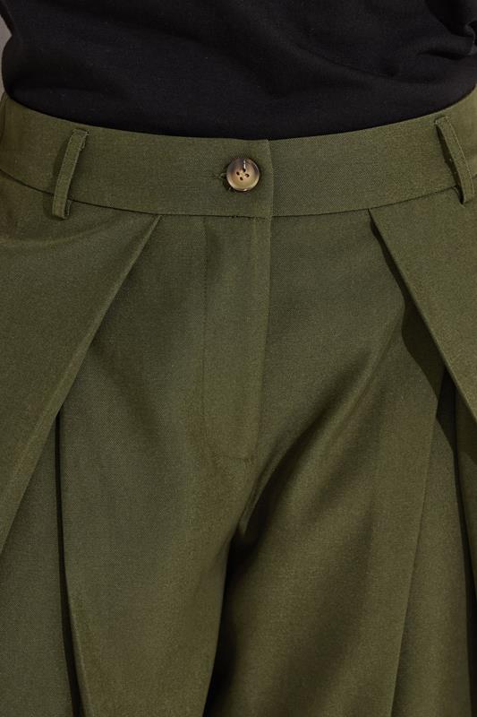 PixieGirl Petite Women's Olive Green Wrap Pleated Wide Leg Trousers | PixieGirl 4