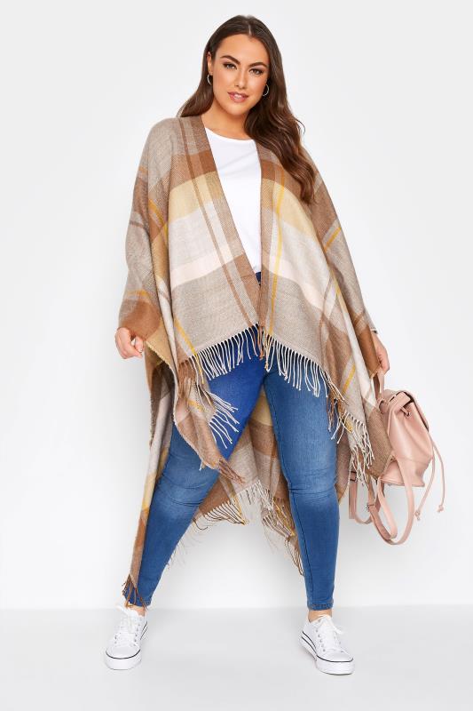 Plus Size Curve Brown Check Knitted Wrap Shawl | Yours Clothing 2