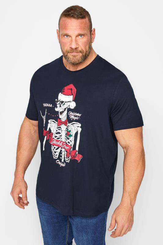 JACK & JONES Big & Tall Navy Blue Christmas Skull T-Shirt | BadRhino 1