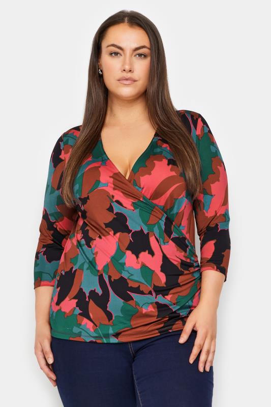 Plus Size  Avenue Brown & Red Floral Wrap Top