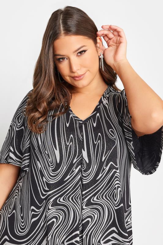 YOURS Plus Size Black Foil Swirl Print Pleat Front Swing Top | Yours Clothing 4
