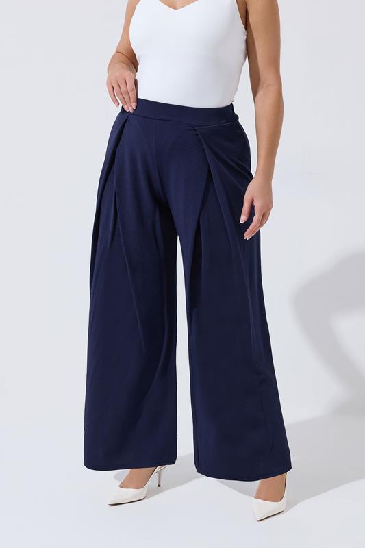 LIMITED COLLECTION Plus Size Navy Blue Pleated Wide Leg Trousers | Yours Clothing 1
