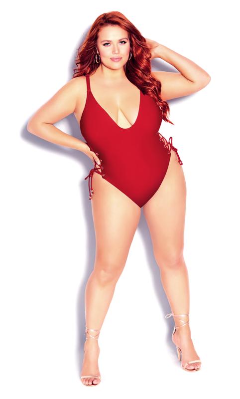 Plus Size  Evans Red Plunge Neckline Swimsuit