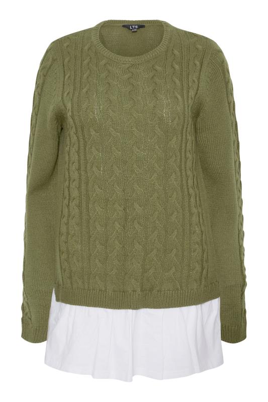 LTS Tall Khaki Green 2 In 1 Cable Knit Shirt Jumper_F.jpg
