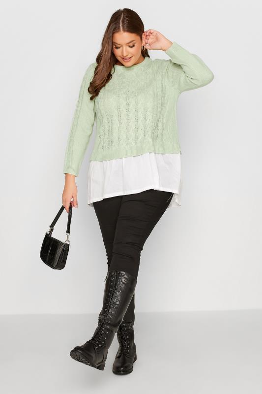 Plus Size Curve Mint Green 2 In 1 Poplin Hem Cable Knitted Jumper | Yours Clothing 2