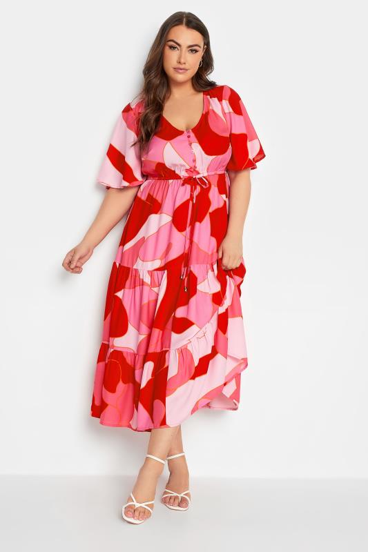 LIMITED COLLECTION Pink Plus Size Abstract Print Tiered Dress | Yours Clothing  1