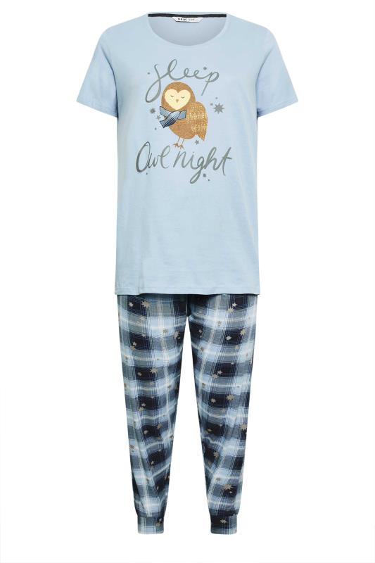 YOURS Plus Size Light Blue 'Sleep Owl Night' Check Print Pyjama Set | Yours Clothing 6