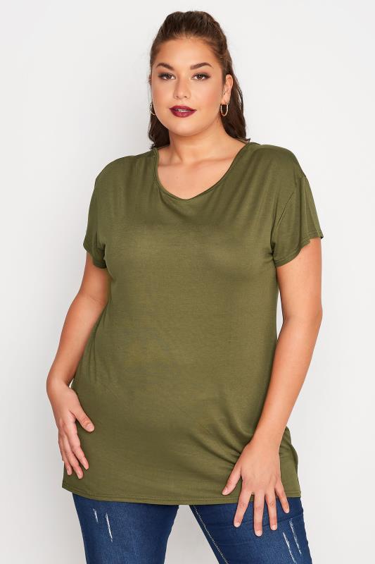 LIMITED COLLECTION Plus Size Khaki Green Cut Out Back T-Shirt 2