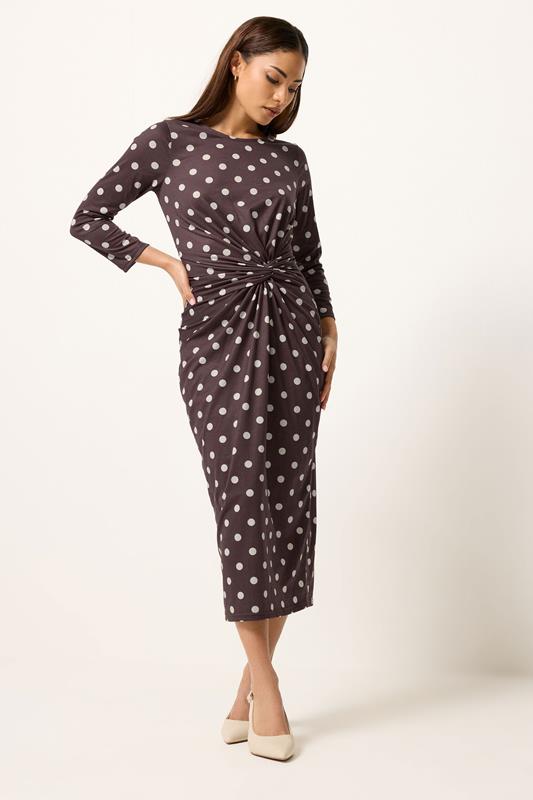 PixieGirl Petite Women's Chocolate Brown Polka Dot Twist Front Midi Dress | PixieGirl 2