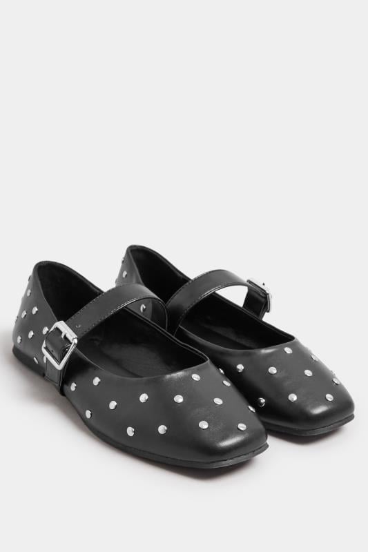 Black Faux Leather Studded Mary Jane Ballet Pumps In Extra Wide EEE Fit | Yours Clothing 3