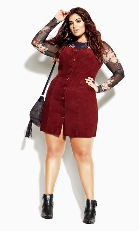  Grande Taille City Chic Burgundy Red Cord Pinafore Dress