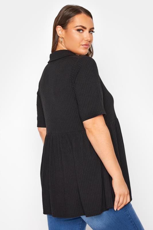 LIMITED COLLECTION Plus Size Black Ribbed Button Through Peplum Top | Yours Clothing 3