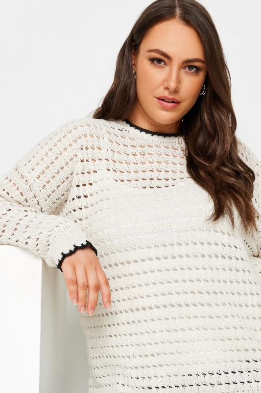 YOURS Plus Size Ivory White Contrast Hem Crochet Jumper | Yours Clothing 4
