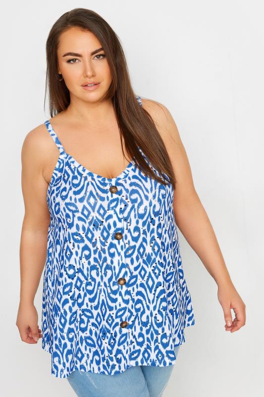  YOURS Curve Blue Ikat Print Broderie Anglaise Cami Top