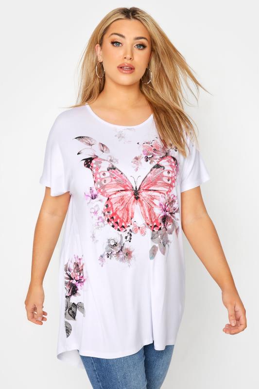 Großen Größen  Curve White Butterfly Print Grown On Sleeve T-Shirt
