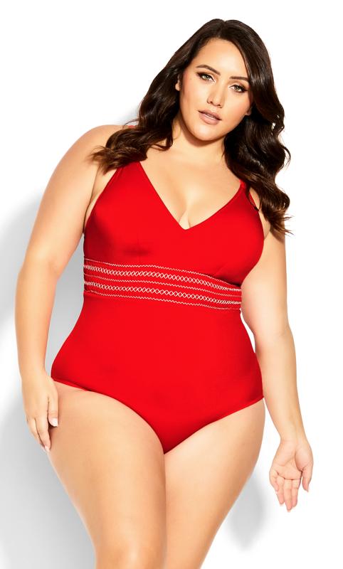 Evans Red Plunge Neck Swimsuit 2