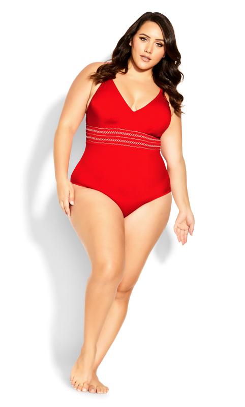 Plus Size  Evans Red Plunge Neck Swimsuit