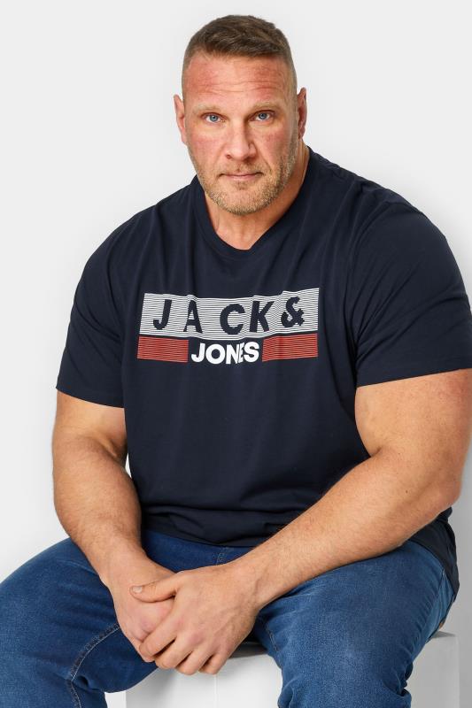 JACK & JONES Big & Tall Navy Blue Logo Print Short Sleeve T-Shirt | BadRhino 1