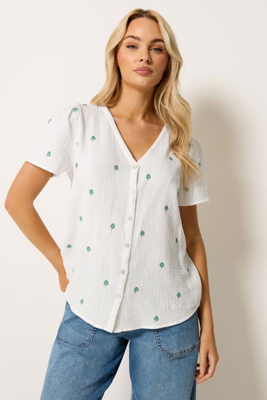  M&Co White Floral Embroidered Short Sleeve Cotton Blouse