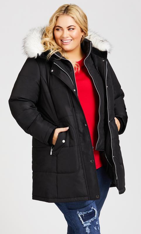 EVANS Plus Size Black Faux Fur Hooded Puffer Jacket | Evans  2