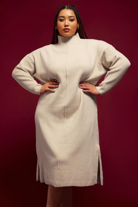  YOURS Curve Cream Front Seam Detail Knitted Jumper Dress