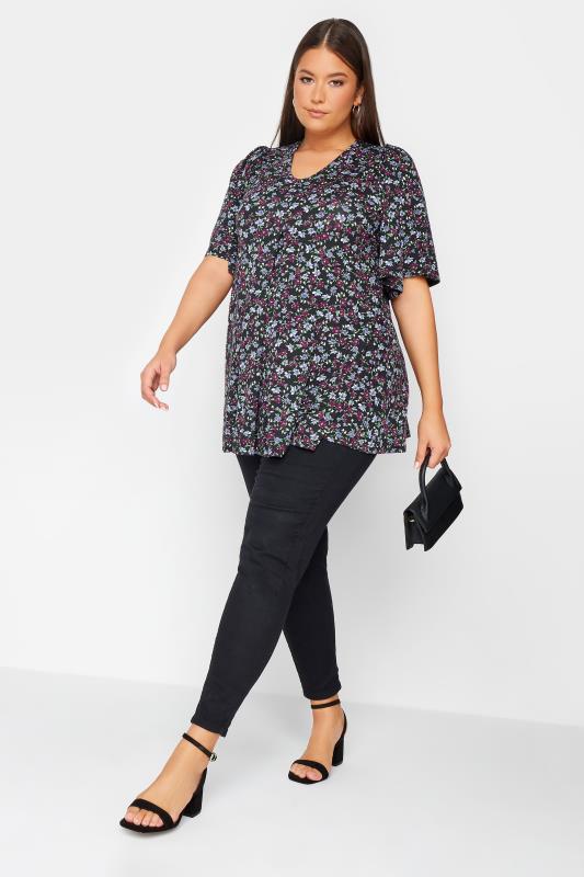 YOURS Plus Size Purple Floral Print Pleated Swing Top | Yours Clothing 2