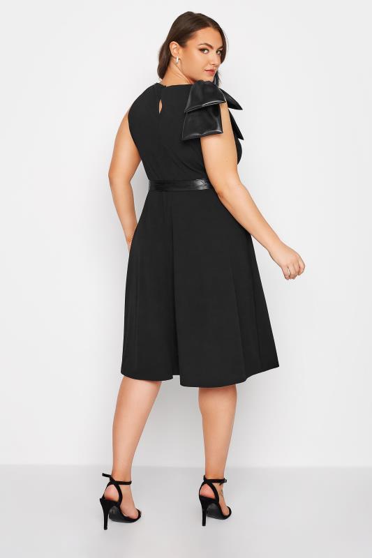 YOURS LONDON Plus Size Black Leather Look Bow Shoulder Midi Skater Dress | Yours Clothing 3