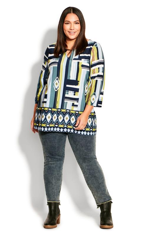 EVANS Plus Size Green Abstract Print Keyhole Top 1