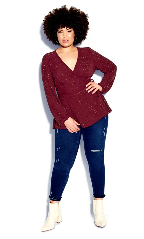 Plus Size  Evans Burgundy Red Sparkle Long Sleeve Wrap Top