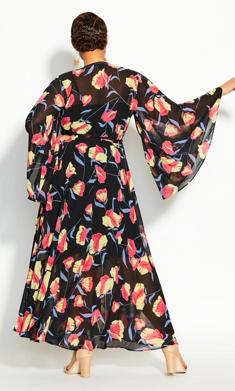 Black Floral Print Flare Sleeves Vixen Wrap Maxi Dress 2