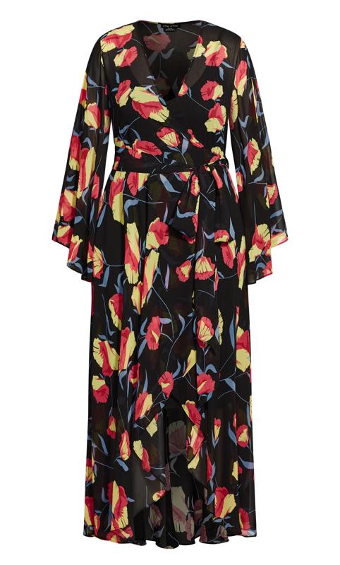 Black Floral Print Flare Sleeves Vixen Wrap Maxi Dress 3